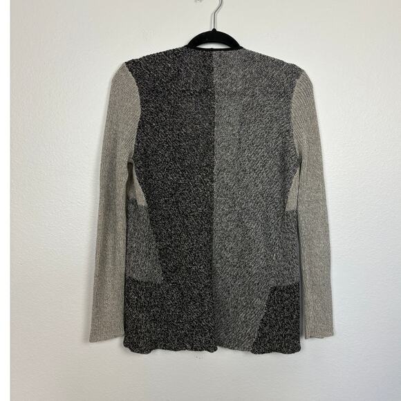 Eileen Fisher Color Block Knit Open Long Sleeve Wool Linen Cardigan Small Petite - Picture 2 of 4